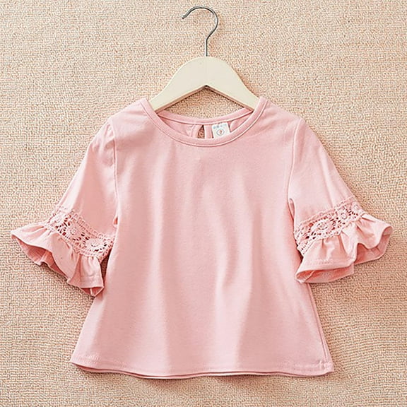 AUNVITO Fashion 6-14Years Girls Long Sleeve Hollow Out Shirts Kids Cute Crewneck Ruffle Cuffs Blouse