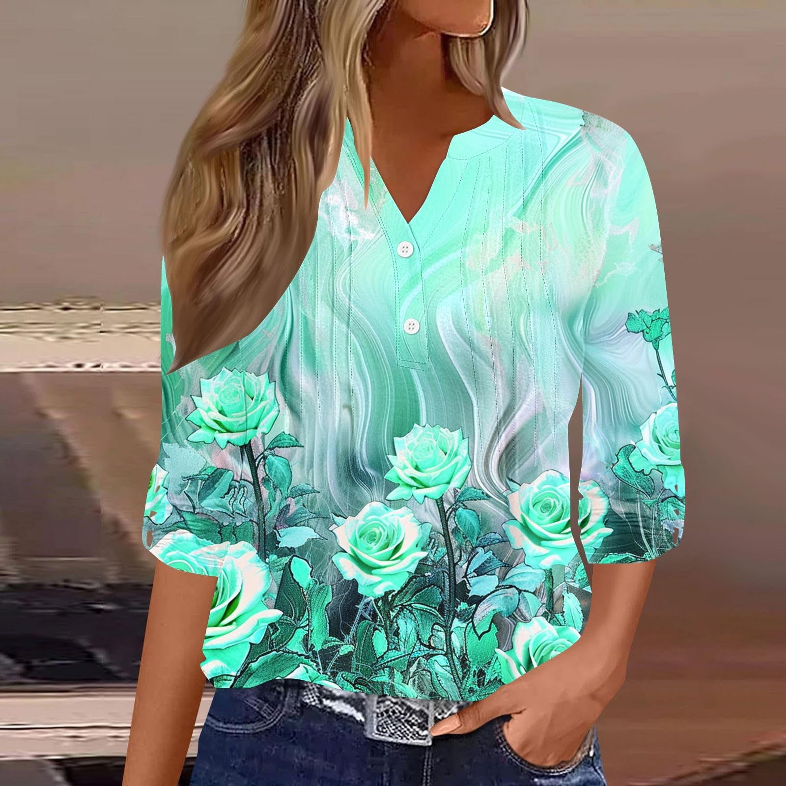 AUNVITO Fashion Women's VNeck Button Print 3/4 Sleeve TShirt Tops