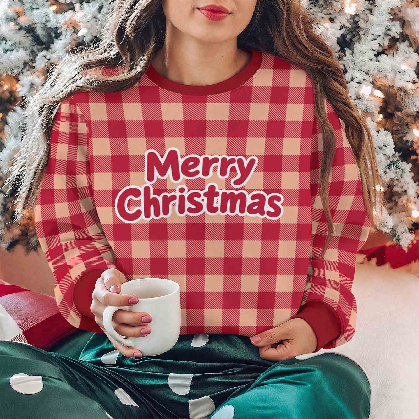 AUNVITO Fleece Lined Christmas Sweatshirts for Men & Women Plaid Letter ...