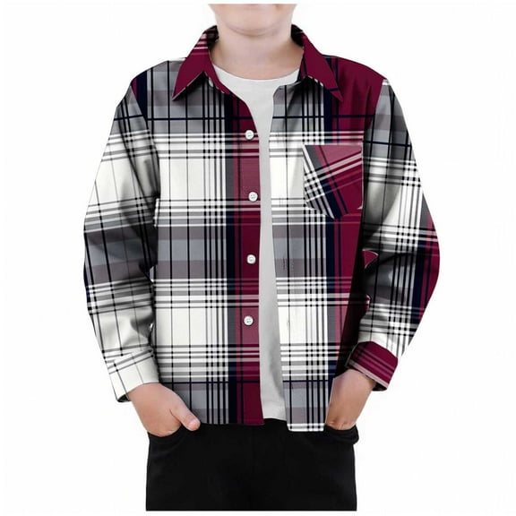 AUNVITO Functional Kids Checkered Shirt with Pockets for Boys & Girls 2-12Y Long Sleeve Button-Down Collar Casual Top Breathable Twill Fabric