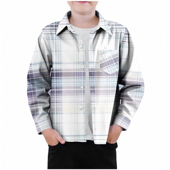 AUNVITO Functional Kids Checkered Shirt with Pockets for Boys & Girls 2-12Y Long Sleeve Button-Down Collar Casual Top Breathable Twill Fabric