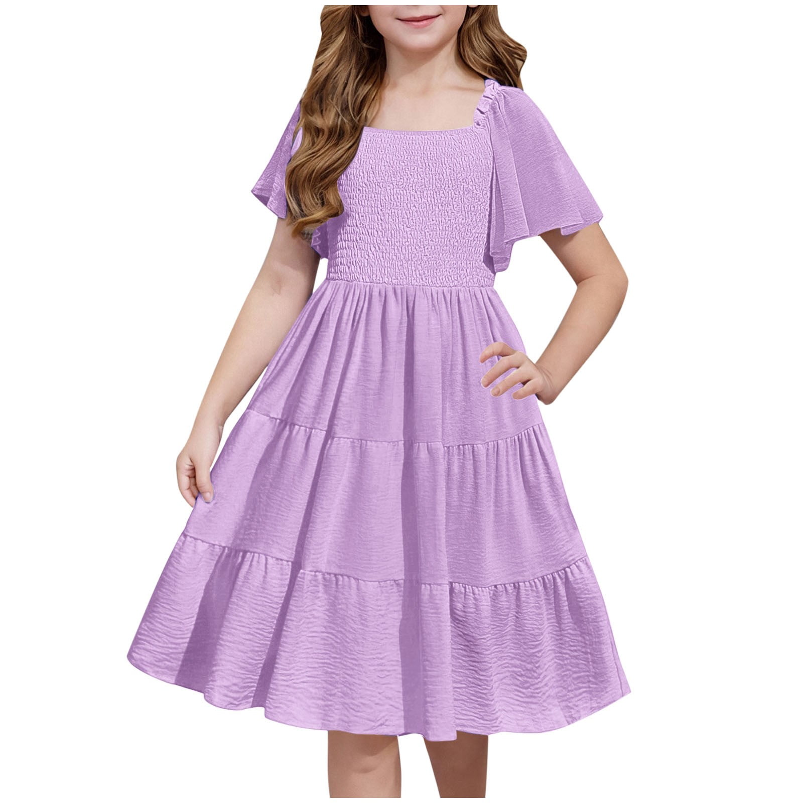 Square Neck Flutter Sleeve Girl's Dress Dark Green