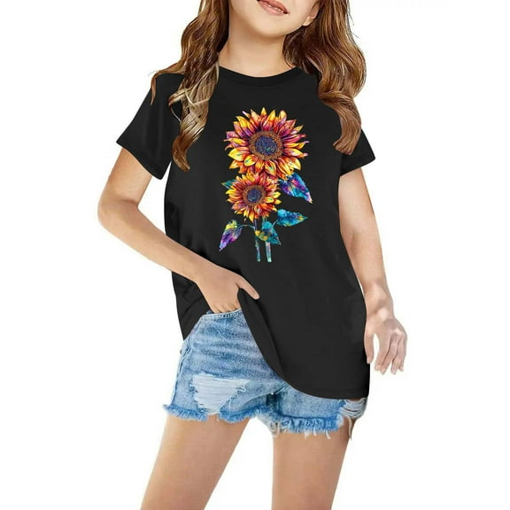 AUNVITO Girl's Tops Toddler Kids Boys Girls Cotton T-shirt Fashion Cute Round Neck Print Tee Short Sleeve Top