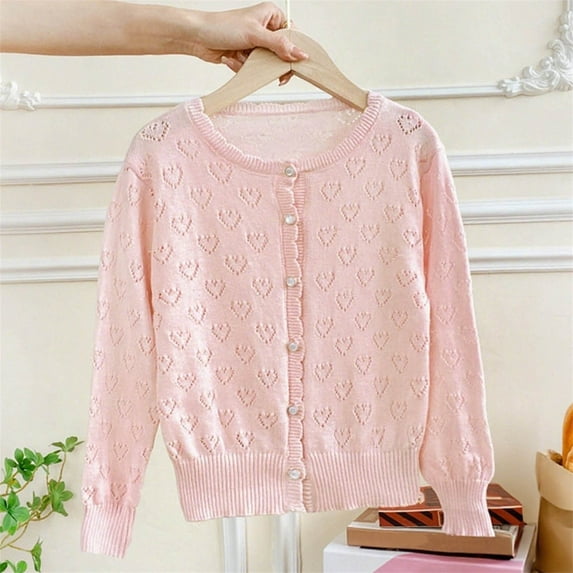 AUNVITO Girls 1-13Y Knit Cardigan Solid Color Long Sleeve Lace Heart Cutout Open Front Sweater Casual Comfort Fit