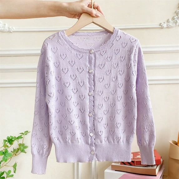 AUNVITO Girls 1-13Y Knit Cardigan Solid Color Long Sleeve Lace Heart Cutout Open Front Sweater Casual Comfort Fit
