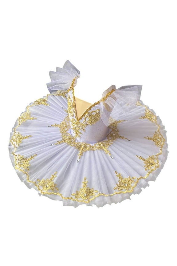 Girls 1-14 Years Dance Practice Tutu Skirt Soft Tulle Layered Performance Princess Dress Ribbon Trim Sleeveless V-Neck Costume