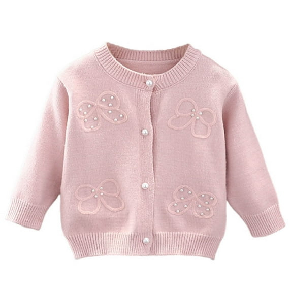 AUNVITO Girls 1-8Y Knit Cardigan Pearl Accent Round Neck Open Front Lightweight Sweater Soft Polyester