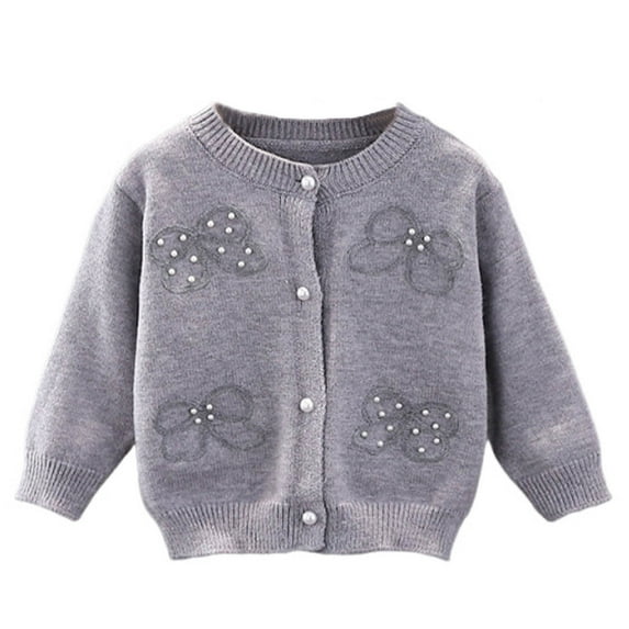 AUNVITO Girls 1-8Y Knit Cardigan Pearl Accent Round Neck Open Front Lightweight Sweater Soft Polyester