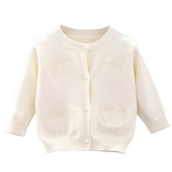 AUNVITO Girls 1-8Y Knit Cardigan Pearl Accent Round Neck Open Front Lightweight Sweater Soft Polyester