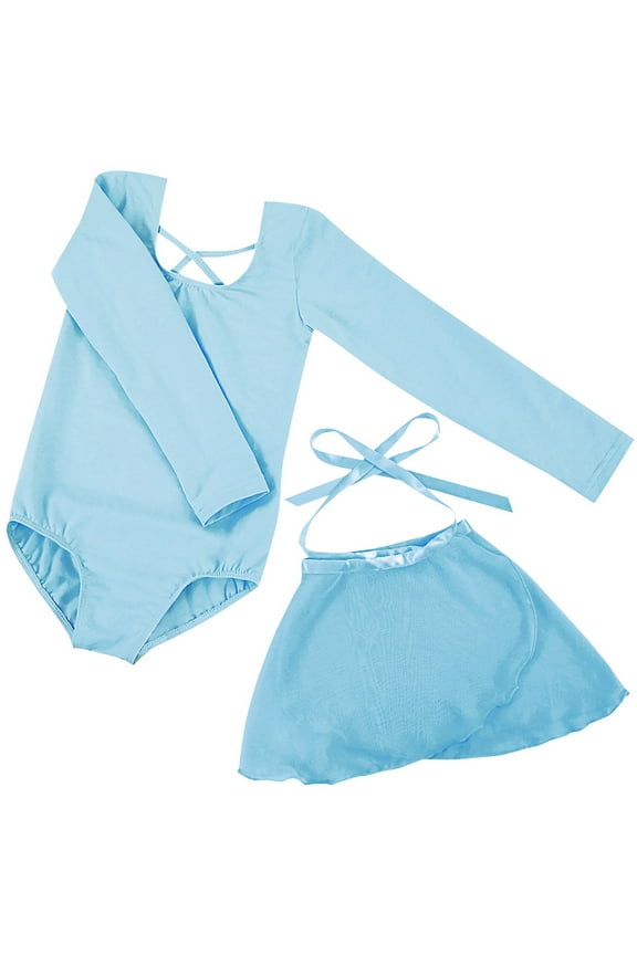 Girls 2-13 Years Ballet Dance Leotard with Detachable Skirt Long Sleeve 100% Cotton Spring Summer Practice Outfit 2-Piece Set