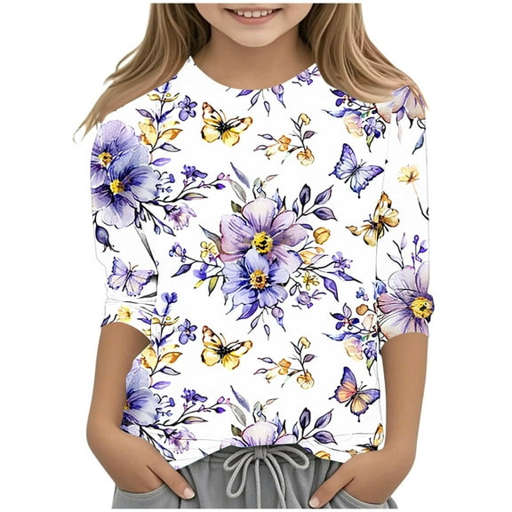 AUNVITO Girls 3/4 Sleeve Round Neck Pullover T-shirt Fashion Print Casual Y2k Style