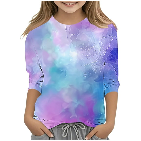 AUNVITO Girls 3/4 Sleeve Round Neck Pullover T-shirt Fashion Print Casual Y2k Style