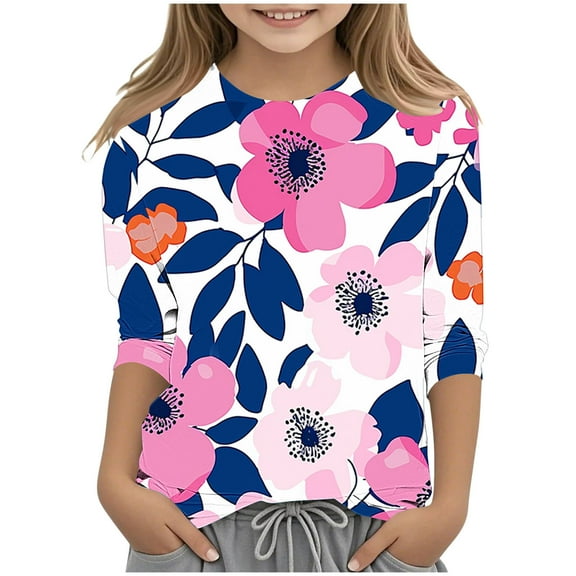 AUNVITO Girls 3/4 Sleeve Round Neck Pullover T-shirt Fashion Print Casual Y2k Style