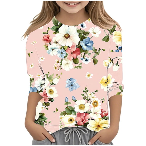 AUNVITO Girls 3/4 Sleeve Round Neck T-Shirt Top Fashion Print Basic Casual Comfy Y2K