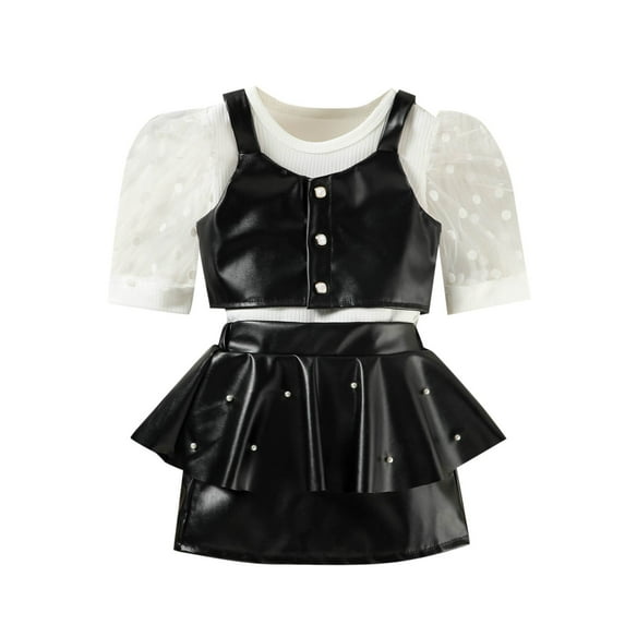 AUNVITO Girls 3-Piece Set PU Leather Vest Beaded Tiered Dress Mesh Sleeveless Top Party Outfit