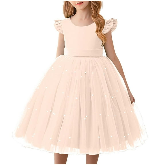 AUNVITO Girls 4-10Y Puffy Tulle Dress Cap Sleeve with Pearl Bow Elegant Party Formal Gown