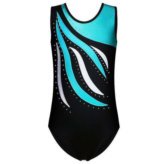 AUNVITO Girls 4-13 Years Multicolor Rhinestone Breathable Tank Top Gymnastics Leotard Comfortable One-Piece Latin Dance Costume with Built-in Shorts for Competition Performance