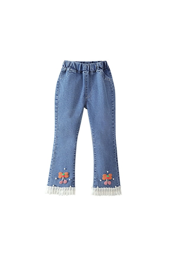 Girls 4-14 Years Wide Leg Flare Checkered Bow Decorated Denim Jeans Casual Spring Summer Pants