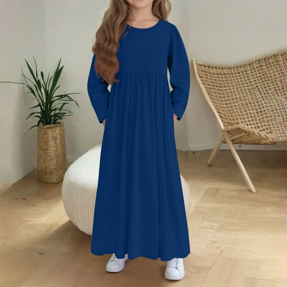AUNVITO Girls 4-14Y Casual Long Sleeve Dress with Pockets, Round Neck Solid Color Stretchy Polyester Blend Loose Fit Playful Outfit