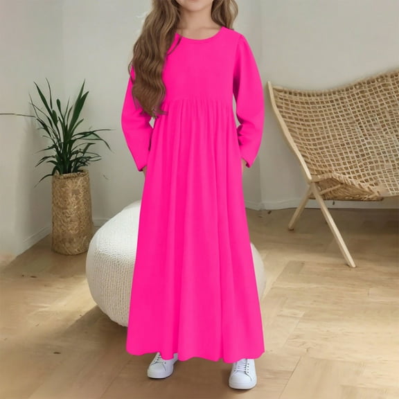 AUNVITO Girls 4-14Y Casual Long Sleeve Dress with Pockets, Round Neck Solid Color Stretchy Polyester Blend Loose Fit Playful Outfit