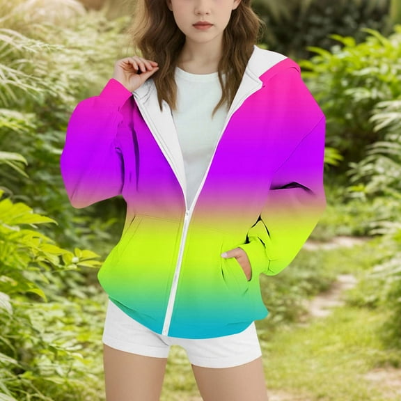 AUNVITO Girls 4-15Y Fleece Hooded Jacket Striped Print Casual Sporty Winter Warm Lightweight Elastic Cuffs Cozy Pullover