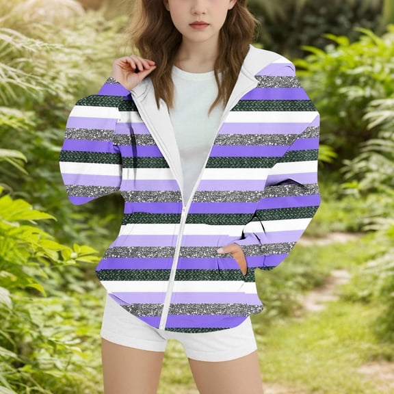 AUNVITO Girls 4-15Y Fleece Hooded Jacket Striped Print Casual Sporty Winter Warm Lightweight Elastic Cuffs Cozy Pullover
