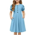 thumbnail image 1 of AUNVITO Girls A-line Ruffled Dress with Bubble Sleeve, Crew Neck & Decorative Button Outfit, 1 of 7