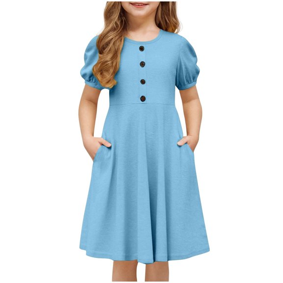 AUNVITO Girls A-line Ruffled Dress with Bubble Sleeve, Crew Neck & Decorative Button Outfit