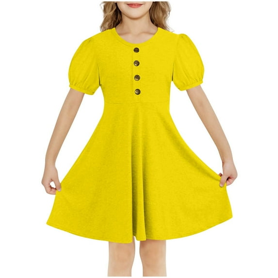 AUNVITO Girls A-line Ruffled Dress with Bubble Sleeve, Crew Neck & Decorative Button Outfit