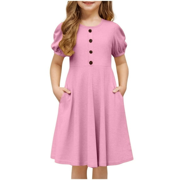 AUNVITO Girls A-line Ruffled Dress with Bubble Sleeve, Crew Neck & Decorative Button Outfit