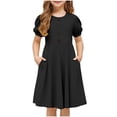 thumbnail image 1 of AUNVITO Girls A-line Ruffled Dress with Bubble Sleeve, Crew Neck & Decorative Button Outfit, 1 of 7