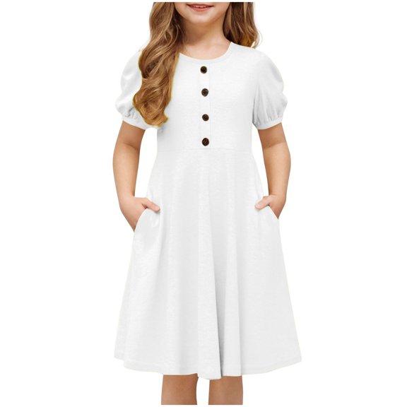 AUNVITO Girls A-line Ruffled Dress with Bubble Sleeve, Crew Neck & Decorative Button Outfit
