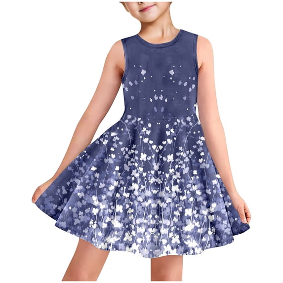 AUNVITO Girls Allover Print Round Neck Sleeveless Dress with Pockets Casual Summer Fashion