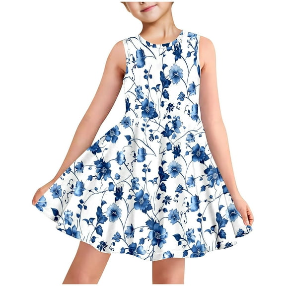 AUNVITO Girls Allover Print Round Neck Sleeveless Dress with Pockets Casual Summer Fashion