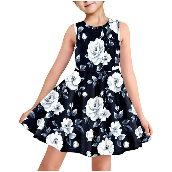 AUNVITO Girls Allover Print Round Neck Sleeveless Dress with Pockets Casual Summer Fashion