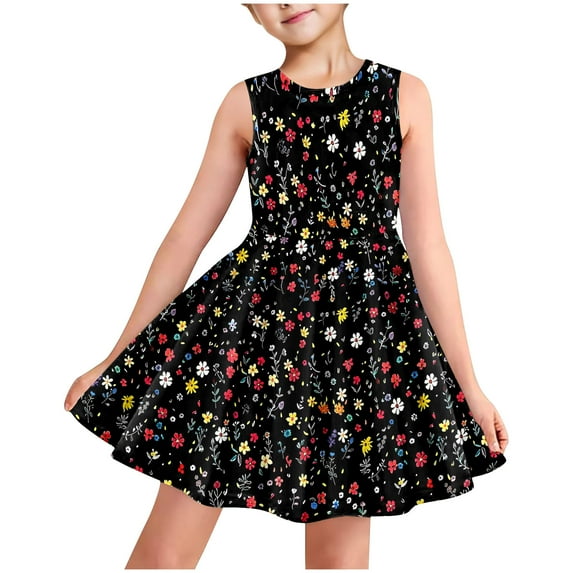 AUNVITO Girls Allover Print Round Neck Sleeveless Dress with Pockets Casual Summer Fashion