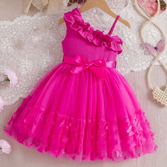 AUNVITO Girls Asymmetric Off-Shoulder Dress with 3D Butterfly and Belt Fashionable and Trendy