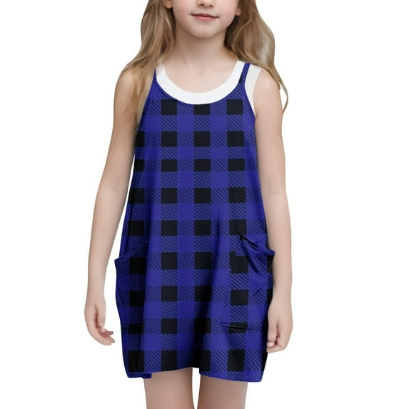 AUNVITO Girls Backless Sleeveless Strappy Plaid Dress with Pockets