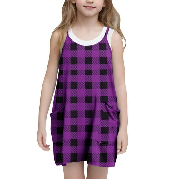 AUNVITO Girls Backless Sleeveless Strappy Plaid Dress with Pockets