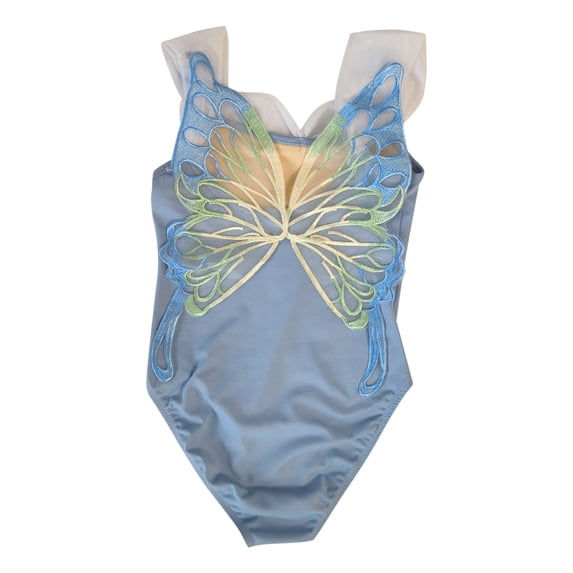 AUNVITO Girls Ballet Leotard Gradient Color High Elasticity Pleated Butterfly Open Back Dance Gymnastics Unitard Shorts