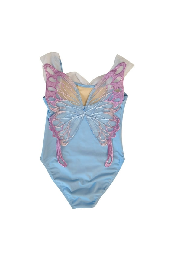 Girls Ballet Leotard Gradient Color High Elasticity Pleated Butterfly Open Back Dance Gymnastics Unitard Shorts