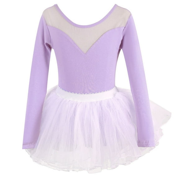 AUNVITO Girls Ballet Leotard High Elastic Mesh Long Sleeve Round Neck Open Back One-piece Dress Gymnastics Practice Outfit
