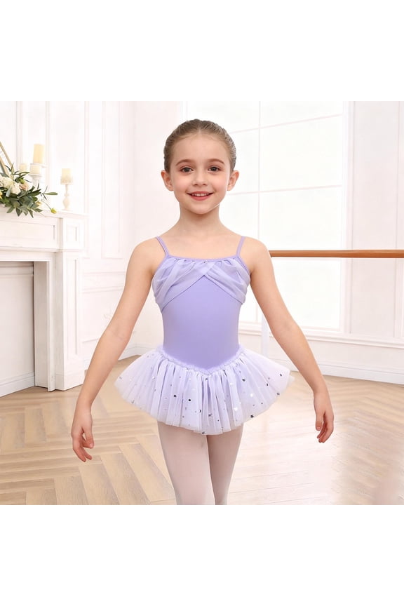 Girls Ballet Leotard Sleeveless Round Neck Back Cutout with Sequins Elegant Dance Wear for Practice