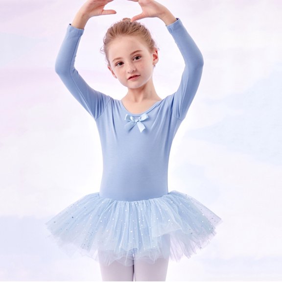 AUNVITO Girls Ballet Leotard with Tutu 2-13Y Stretch Cotton Long Sleeve Dance Outfit for Practice & Performance