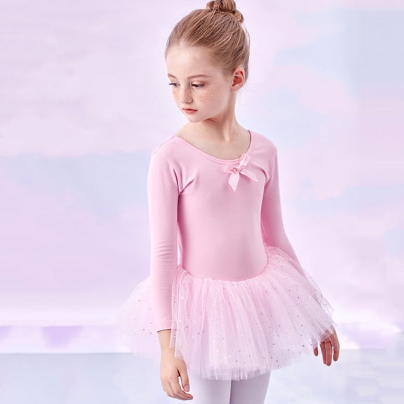 AUNVITO Girls Ballet Leotard with Tutu 2-13Y Stretch Cotton Long Sleeve Dance Outfit for Practice & Performance