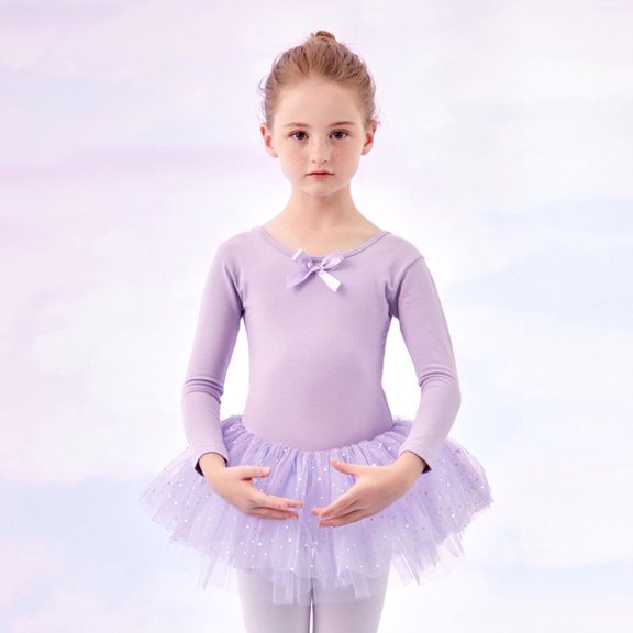 AUNVITO Girls Ballet Leotard with Tutu 2-13Y Stretch Cotton Long Sleeve Dance Outfit for Practice & Performance