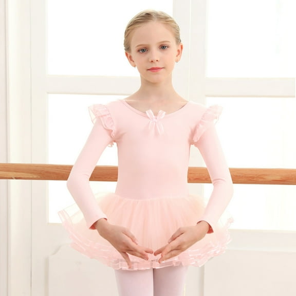 AUNVITO Girls Ballet Leotard with Tutu Skirt 2-13Y Long Sleeve Stretch Cotton Dancewear for Practice & Performance
