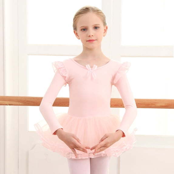 AUNVITO Girls Ballet Leotard with Tutu Skirt 2-13Y Long Sleeve Stretch Cotton Dancewear for Practice & Performance