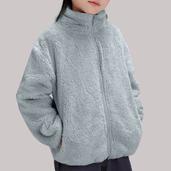 AUNVITO Girls & Boys Fleece-Lined Thermal Jacket Windbreaker, Solid Color Stand Collar Zipper Casual Outerwear for 2-13Y
