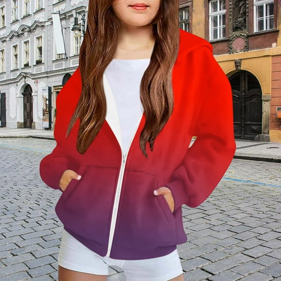 AUNVITO Girls & Boys Hooded Sweatshirt Windbreaker 4-12Y Full-Zip Long Sleeve Printed Casual Sportswear Japanese Style Fleece Fabric